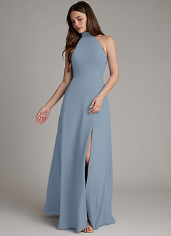 Azazie Myra Vestidos de damas de honor Vestido de Azul Polvoriento de Gasa de Corte en A con Cuello Alto image4