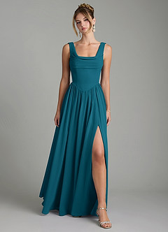 Azazie Novi Brautjungfernkleider Eine Linie Plissee Chiffon Kleid Tintenblau image1