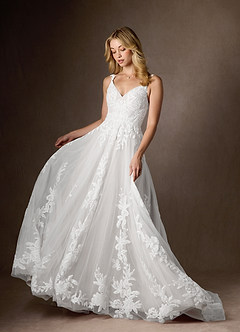 Azazie Delaina Wedding Dresses Diamond White A-Line V-Neck Sequins Tulle Dress image4