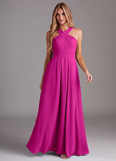Azazie Dixie Bridesmaid Dresses Fuchsia A-Line Halter Pleated Chiffon Dress image3