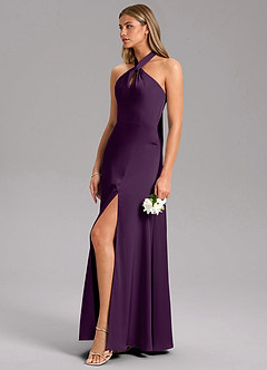 Azazie Tracie Bridesmaid Dresses Grape A-Line Side Slit Stretch Satin Dress image6
