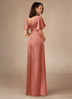 Azazie Emmeline Mère de la mariée Robes Robe Trapèze en Satin extensible Plissée Rose Saumon image2