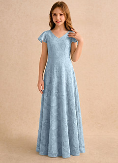 Azazie Narin Girls Formal vestidos de niña de las flores Vestido Azul Cielo de Devorado Floral de Línea A con con mangas image3