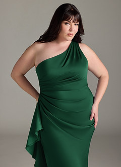 Azazie Latrice Vestidos de damas de honor Vestido de Verde Oscuro de Satén Elástico de Corte Recto con Volantes en cascada Un hombro image10