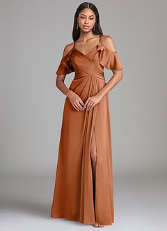 Azazie Dakota Robes de demoiselle d'honneur Robe Trapèze en Satin extensible Épaule décolletée Cuivre image3