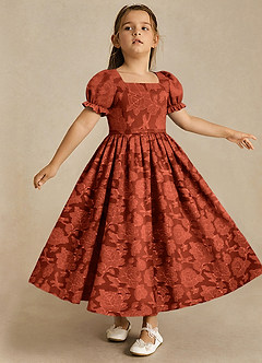 Azazie Joss Flower Girl Dresses Auburn A-Line with Sleeves Floral Burnout Dress image3