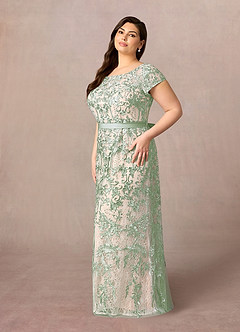 Azazie Dorit Mother of the Bride Dresses Dusty Sage Champagne Sheath Scoop Lace Dress image8