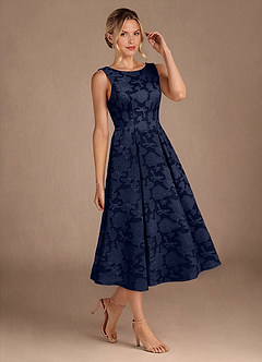 Azazie Fulton Mother of the Bride Dresses Dark Navy A-Line Pleated Floral Burnout Dress image2