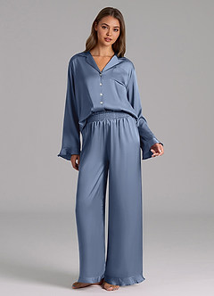 Matching Color Ruffled Satin Long Sleeve Pajama Set