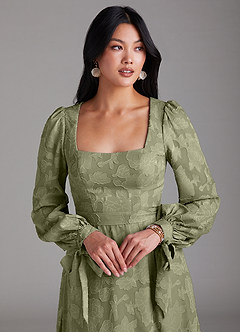 Azazie Leonia Vestidos de damas de honor Vestido de Pistacho de Devorado Floral de Corte en A con Manga larga image6