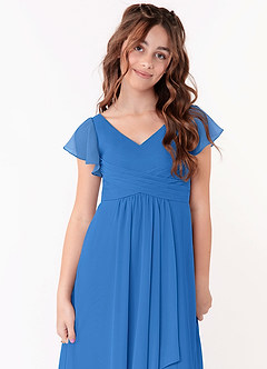 Azazie Omari Junior Vestido de Azul Grisaceo de Gasa de Corte En A con Volante image4