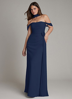Azazie Ezria Bridesmaid Dresses Dark Navy A-Line Off the Shoulder Chiffon Dress image1