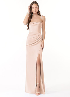 Azazie Leonis Bridesmaid Dresses Blushing Pink Mermaid Pleated Stretch Satin Convertible Dress image1