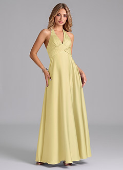 Azazie Tessie Vestidos de damas de honor Vestido de Sorbete De Limón de Satén Elástico de Corte en A con Plisado image5