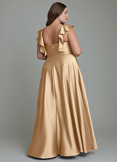 Azazie Leilani Bridesmaid Dresses Champagne A-Line Ruched Stretch Satin Dress image2