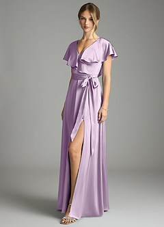 Azazie Lainey Bridesmaid Dresses Frosted Lilac A-Line with Pockets Stretch Satin Dress image4