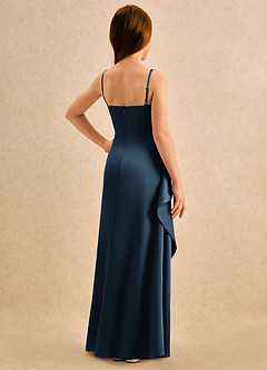 Azazie Cannoli Girls Formal Flower Girl Dresses Dark Navy A-Line Pleated Stretch Satin Dress image2