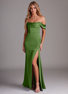 Azazie Saige Vestidos de damas de honor Vestido de Albahaca de Satén Elástico de Corte Recto con Vestidos sin tirantes image1