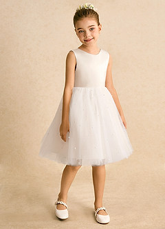 Azazie Esme Blumenmädchenkleider Ballkleid Schleifen Tüll Kleid Alabaster Weiß image7
