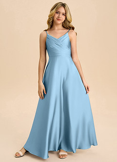 Azazie Bug Junior A라인 주름진 스트레치 새틴 플로어 길이 주니어 신부 들러리 드레스 image5