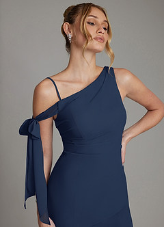 Azazie Aylin Final Sale Dark Navy Sheath Off the Shoulder Chiffon Dress image3