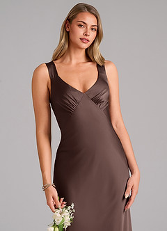 Azazie Kamila At-home Try On Dresses Black A-Line Pleated Stretch Satin Dress image7