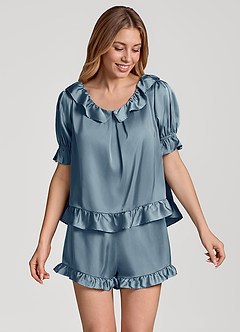 front Ruffled Short Sleeve Satin Pajama Set