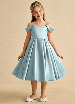 Azazie Favia Flower Girl Dresses Mist A-Line Off the Shoulder Matte Satin Dress image1