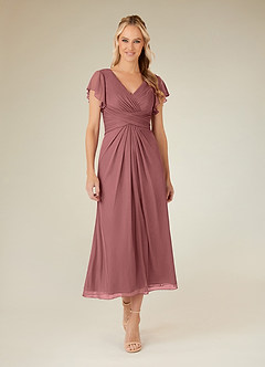 Azazie Vera Mother of the Bride Dresses Desert Rose A-Line V-Neck Pleated Mesh Dress image1