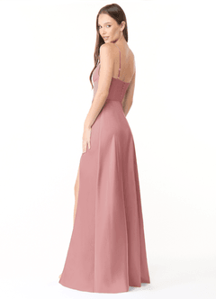 Azazie Halsey Bridesmaid Dresses Dusty Rose Sheath Side Slit Stretch Satin Dress image5