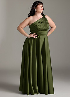 Azazie Charlize Robes de demoiselle d'honneur Robe Trapèze en Satin extensible Asymétrique Olive image4