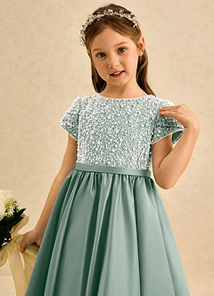 Azazie Cashew Flower Girl Dresses Silver Sage Ball-Gown with Sleeves Matte Satin Dress image6