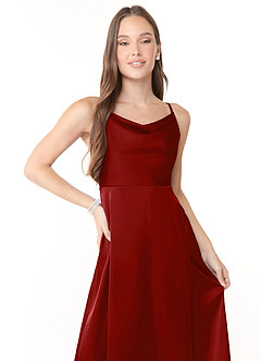 Azazie Naomie Bridesmaid Dresses Pomegranate A-Line Cowl Neckline Side Slit Stretch Satin Dress image5