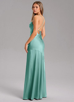 Azazie Grata Bridesmaid Dresses Aqua Sheath Side Slit Stretch Satin Dress image7