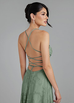Azazie Tatum Robes de demoiselle d'honneur Robe Trapèze en Blumen-Burnout Corset Matcha image10