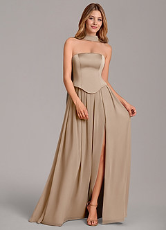 Azazie Cadence Bridesmaid Dresses Taupe A-Line Corset Stretch Satin Convertible Dress image3