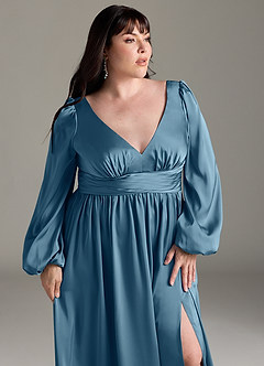 Azazie Norah Brautjungfernkleider A-Linie Stretch-Satin Kleid Bermudablau image12
