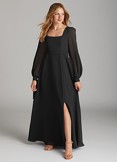 Azazie Leonia Junior Black A-Line with Pockets Chiffon Dress image1
