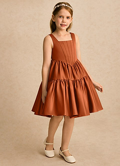 Azazie Myla vestidos de niña de las flores Vestido Naranja Quemada de Satin Mate de Línea A con Plisado image4