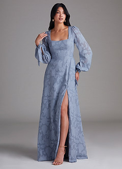 Azazie Leonia Brautjungfernkleider A-Linie Langarm Blumen-Burnout Kleid Staubblau image4