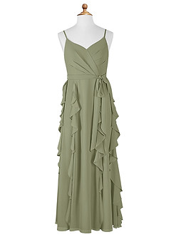 Azazie Peyton Junior Vestido de Pistacho de Gasa de Corte En A con Volantes en cascada Cuello en V image7