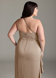Azazie Latrice Brautjungfernkleider Etui Kaskadierende Rüschen an einer Schulter Stretch-Satin Kleid Taupe image12