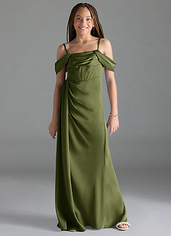 Azazie Amyra Junior Olive Sheath Off the Shoulder Stretch Satin Dress image1
