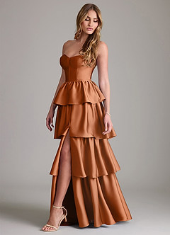 Azazie Faye Bridesmaid Dresses Copper A-Line Ruched Stretch Satin Dress image3