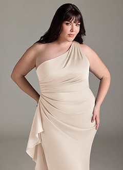 Azazie Latrice Bridesmaid Dresses White Alabaster Sheath One Shoulder Cascading Ruffles Stretch Satin Dress image10