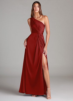 Azazie Brooke Robes de demoiselle d'honneur Robe Trapèze en Satin extensible Ue épaule Grenade image1