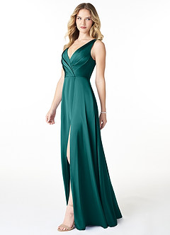 Azazie Nelly Bridesmaid Dresses Peacock A-Line V-Neck Pleated Stretch Satin Dress image3