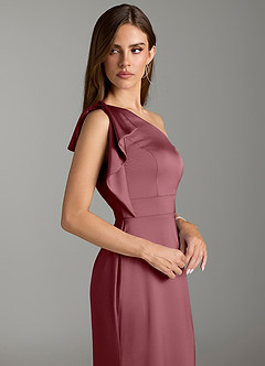 Azazie Rinna Vestidos de damas de honor Vestido de Rosa Del Desierto de Satén Elástico de Corte Sirena con Volante image5