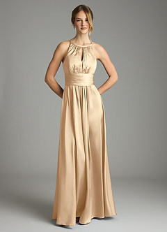 Azazie Bonnie Bridesmaid Dresses Champagne A-Line Pleated Stretch Satin Dress image3