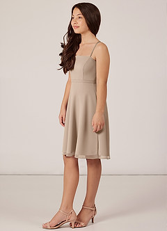 Azazie Kalie Junior Taupe A-Line with Belt Chiffon Dress image3
